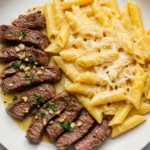 Garlic Butter Steak Tips with Cheesy Rigatoni