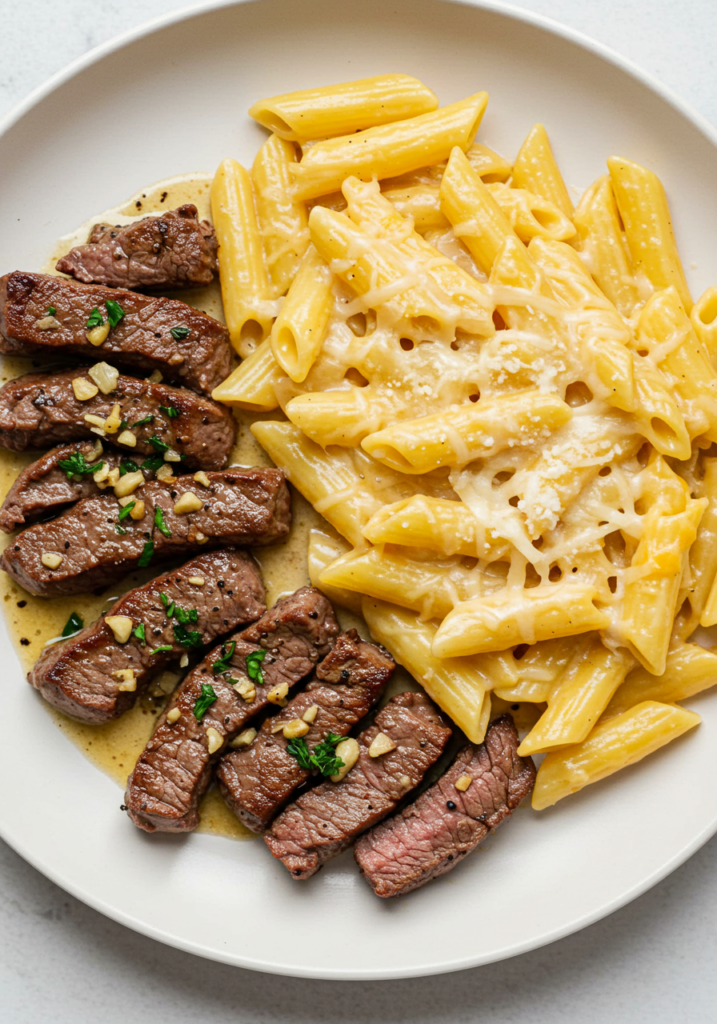 Garlic Butter Steak Tips with Cheesy Rigatoni