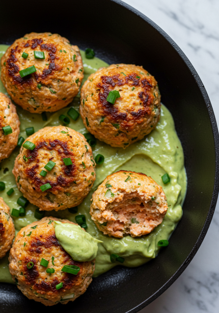 Baked Salmon Meatballs with Creamy Avocado Sauce