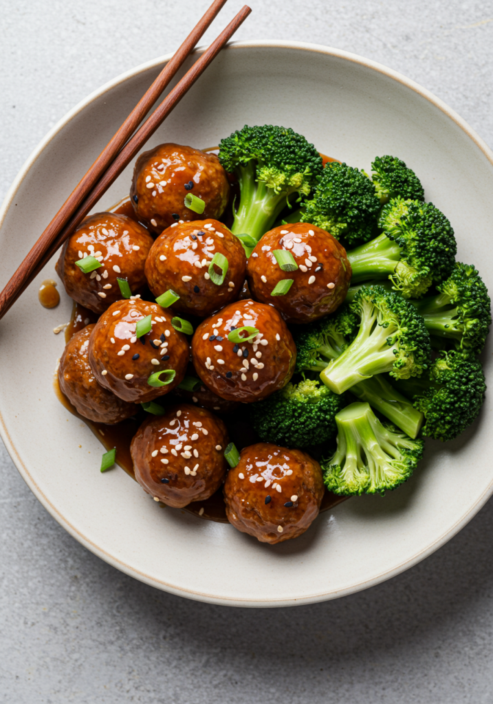 Sticky Mongolian Meatballs and Broccoli