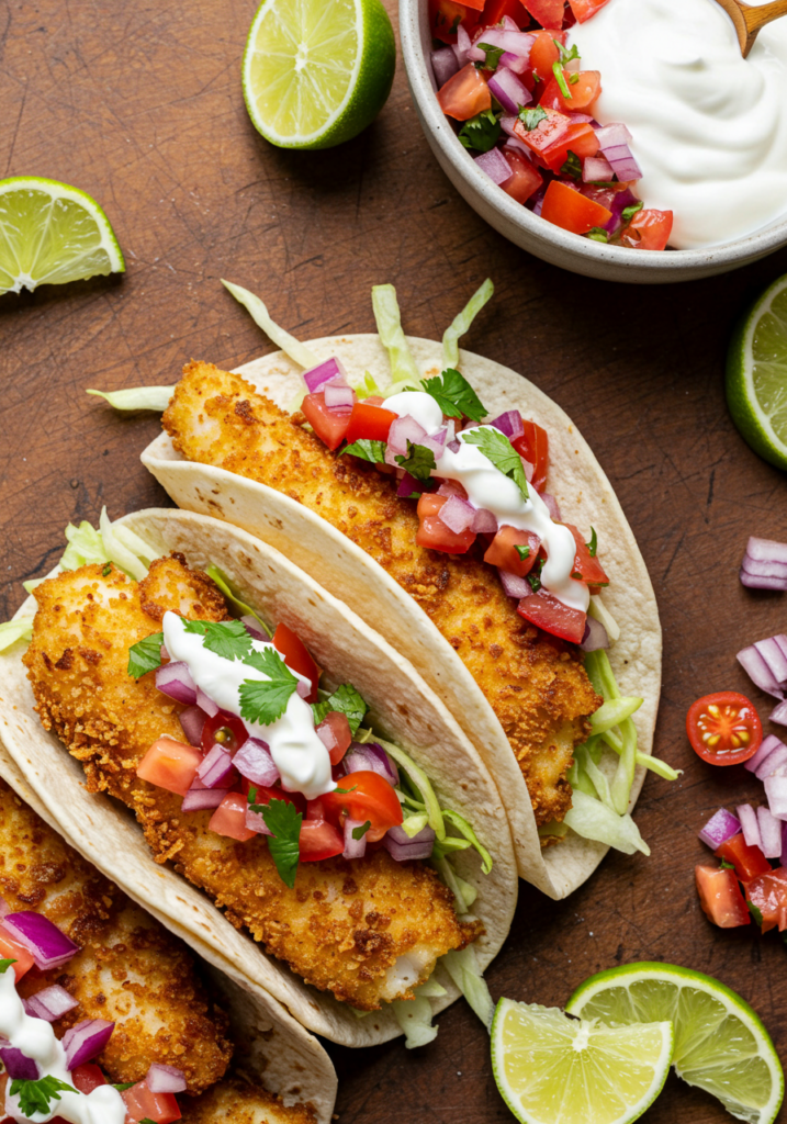 Fried Fish Tacos with Red Onion-Tomato Salsa