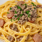 Creamy Garlic Parmesan Fettuccine with Beef Sausages