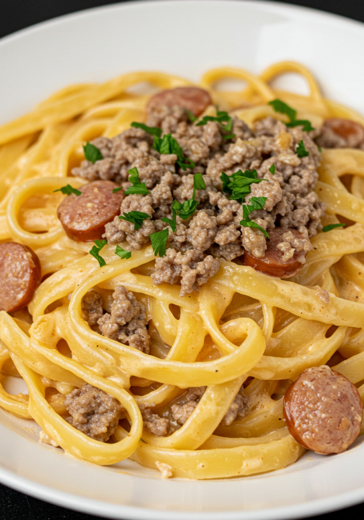 Creamy Garlic Parmesan Fettuccine with Beef Sausages