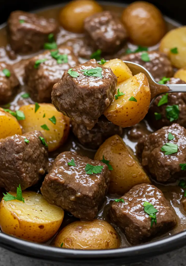 Slow Cooker Garlic Butter Beef Bites & Potatoes
